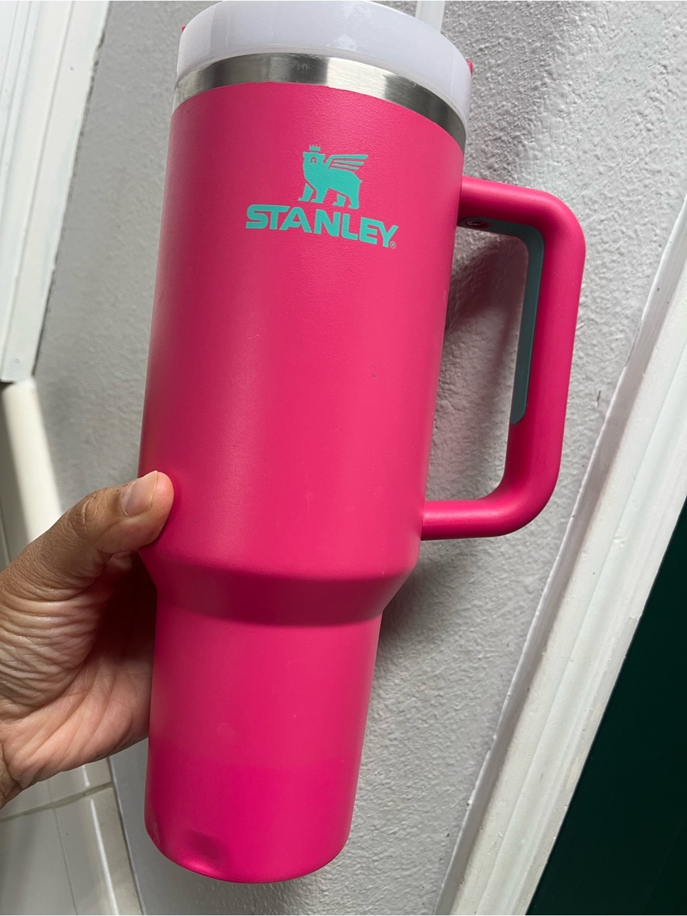 Stanley Hot Pink Travel Mug with Teal Logo and Handle